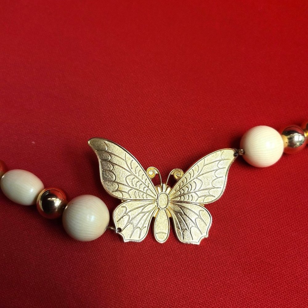 Butterfly Necklace Gold Tone Metal Cream Wood Beads
